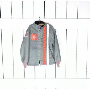 Kids grey striped nylon USA flag patch fur lined windbreaker jacket